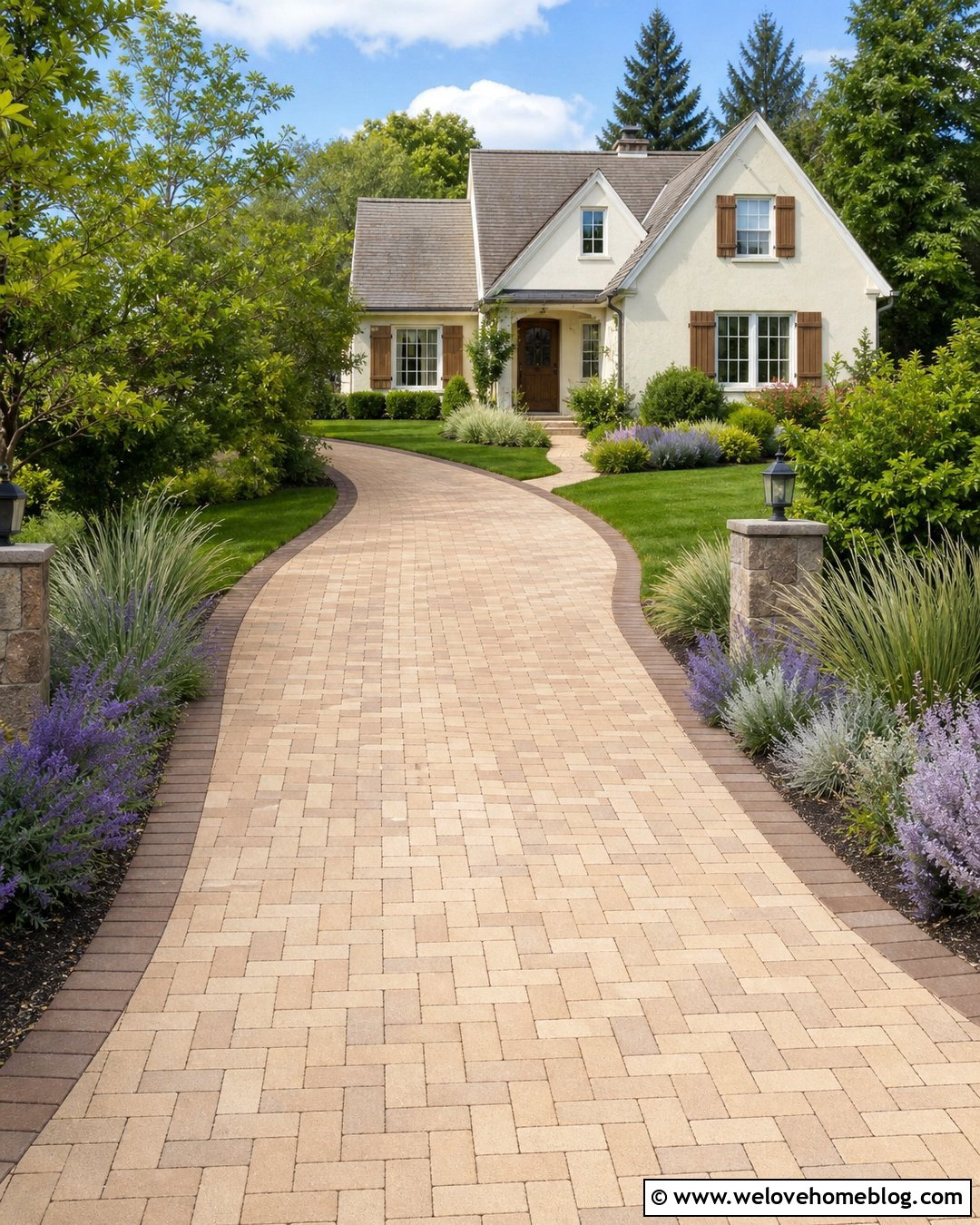 Buff Clay Paver Driveway With Basket Weave Pattern - 20 Clay Pavers Driveway Ideas