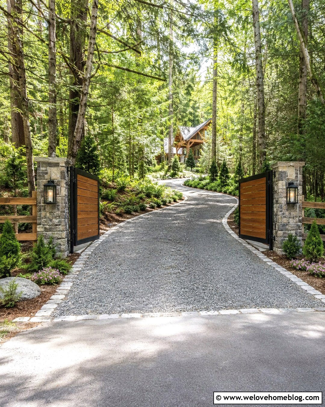 Cabin Driveway Entrance With a Stone and Wood Gate - 20 Cabin Driveway Entrance Ideas