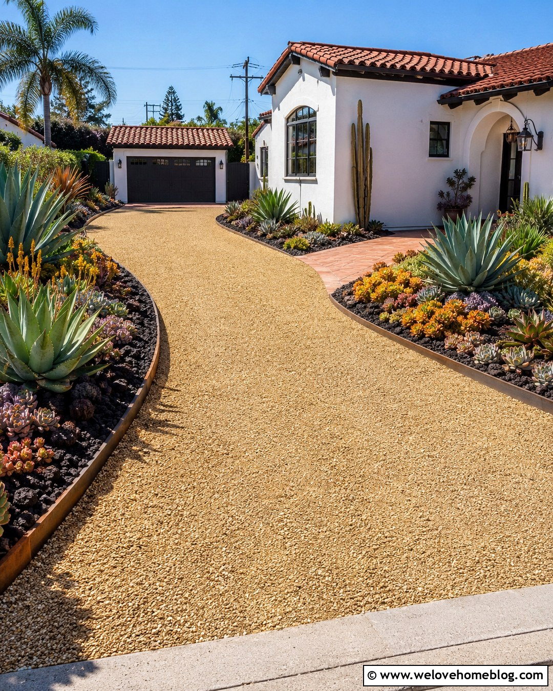 California Gold Gravel Driveway With Succulent Borders - 20 California Gold Gravel Driveway Ideas