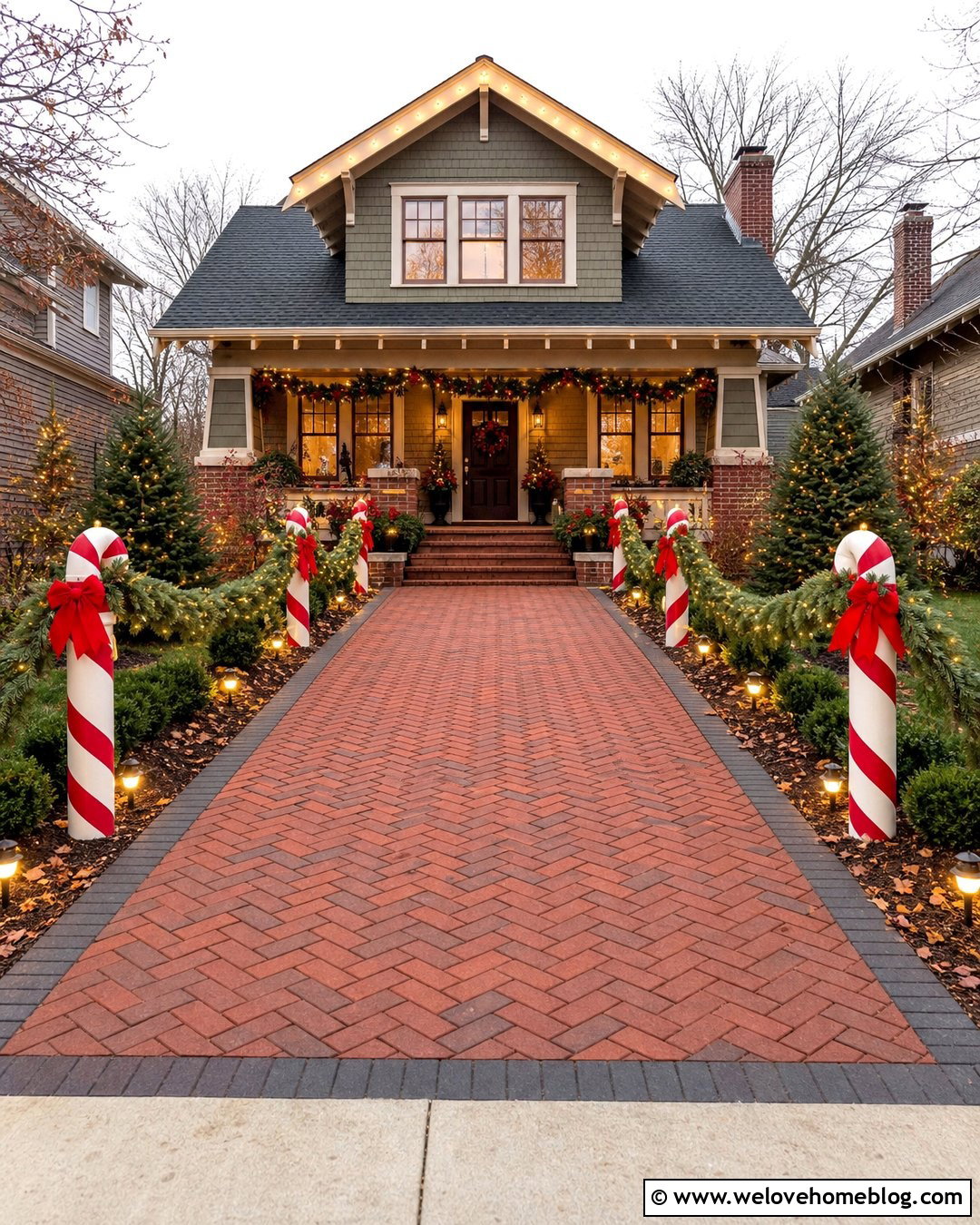 Candy Cane Driveway With Evergreen Garland - 20 Candy Cane Lined Driveway Ideas