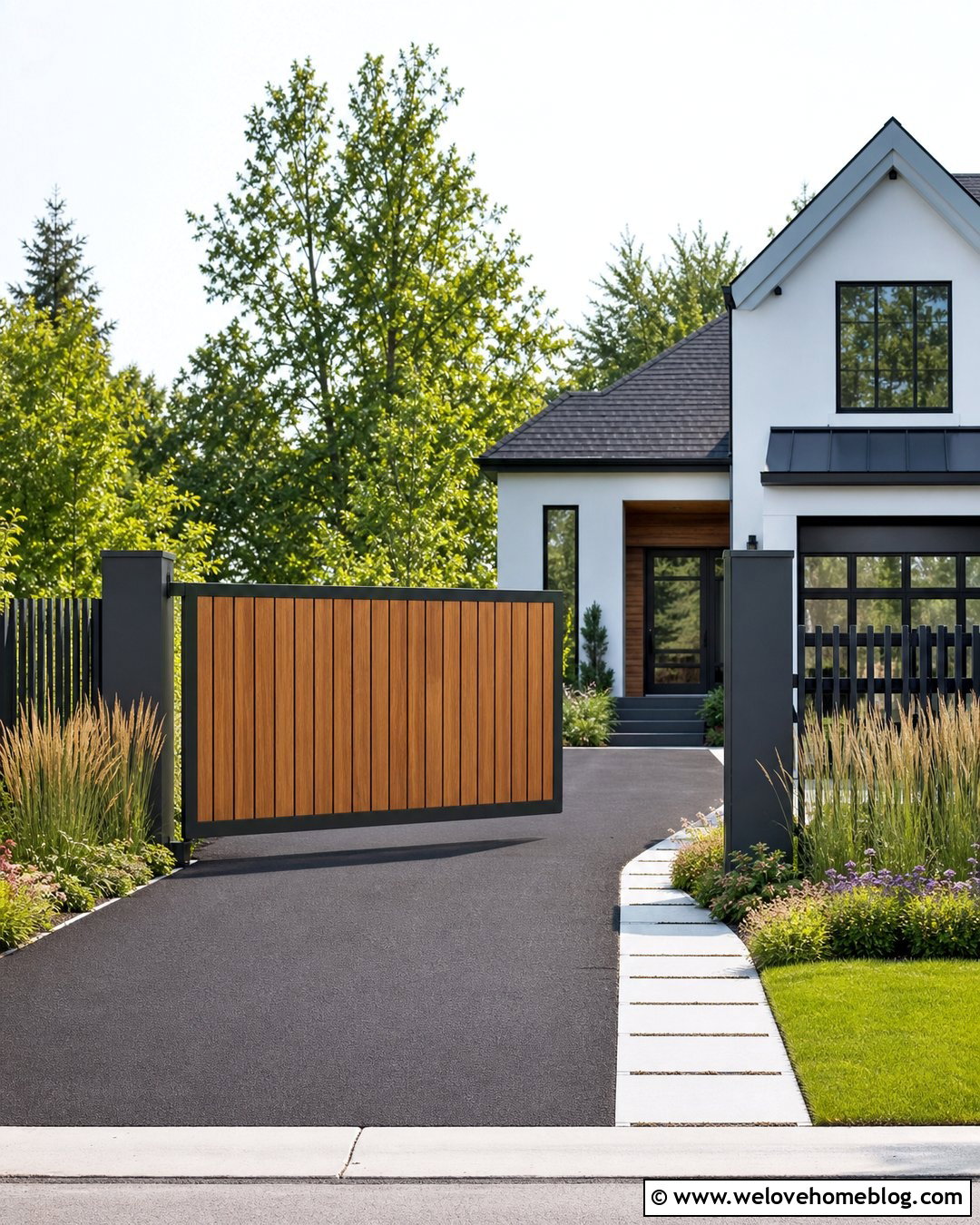 Cantilever Wood Driveway Gate With Asphalt - 35 Wood Gates Driveway Ideas