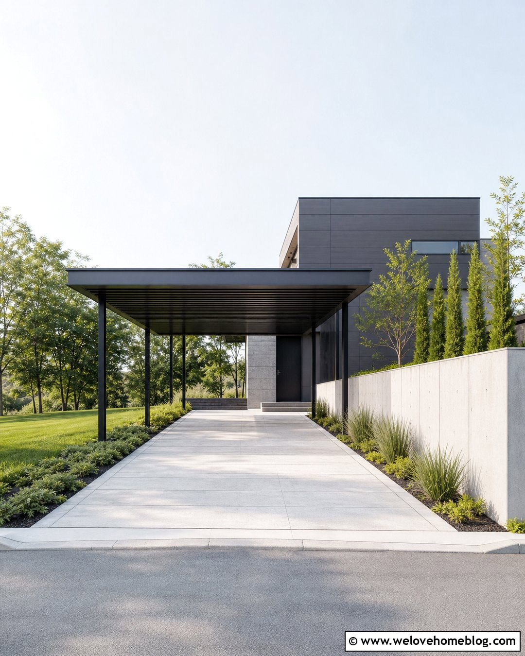Cantilevered Carport Beside a Narrow Sloped Driveway - 20 carport sloped driveway ideas