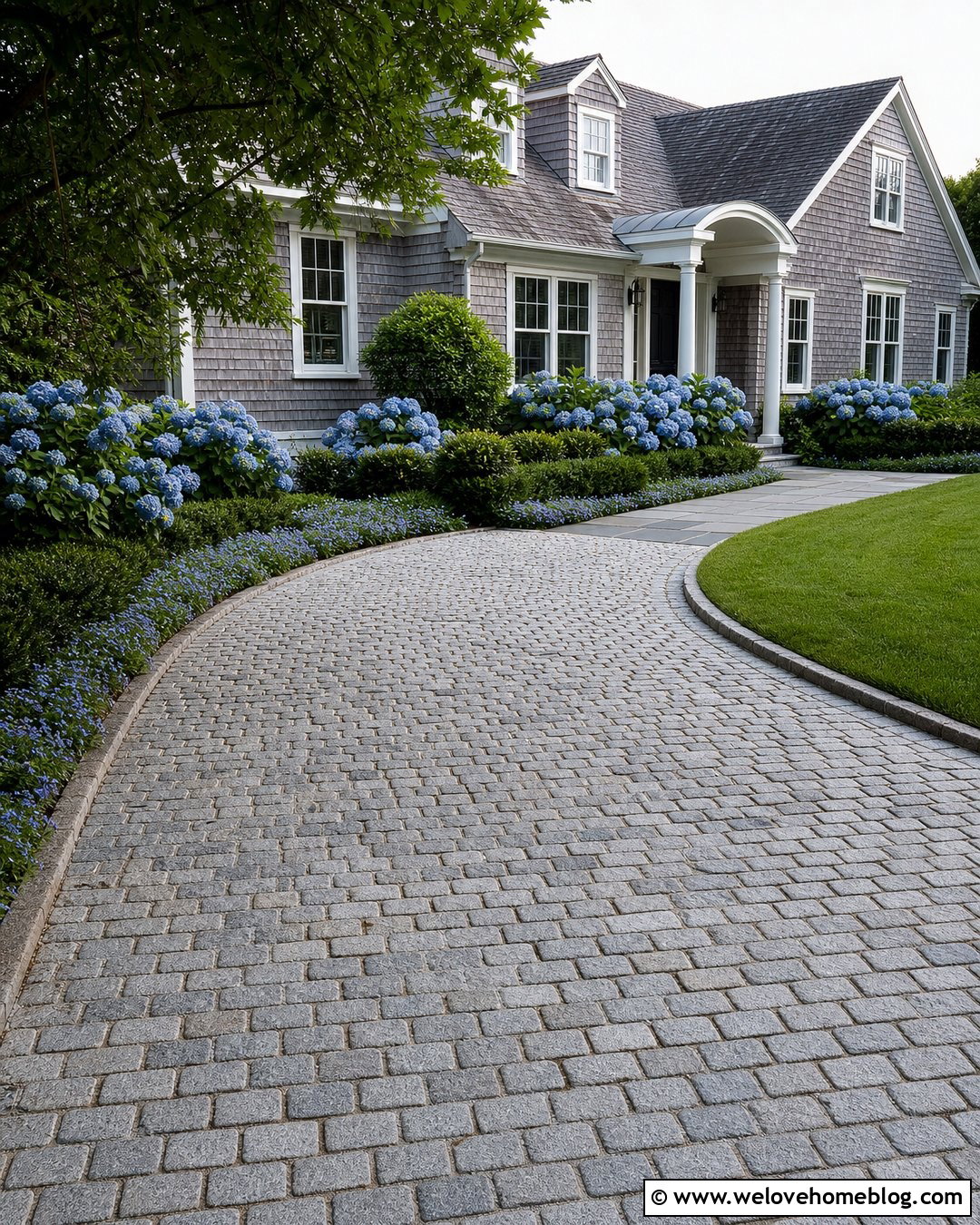 Cape Cod Cobblestone Driveway With Hydrangea Borders - 20 Cape Cod Driveway Ideas