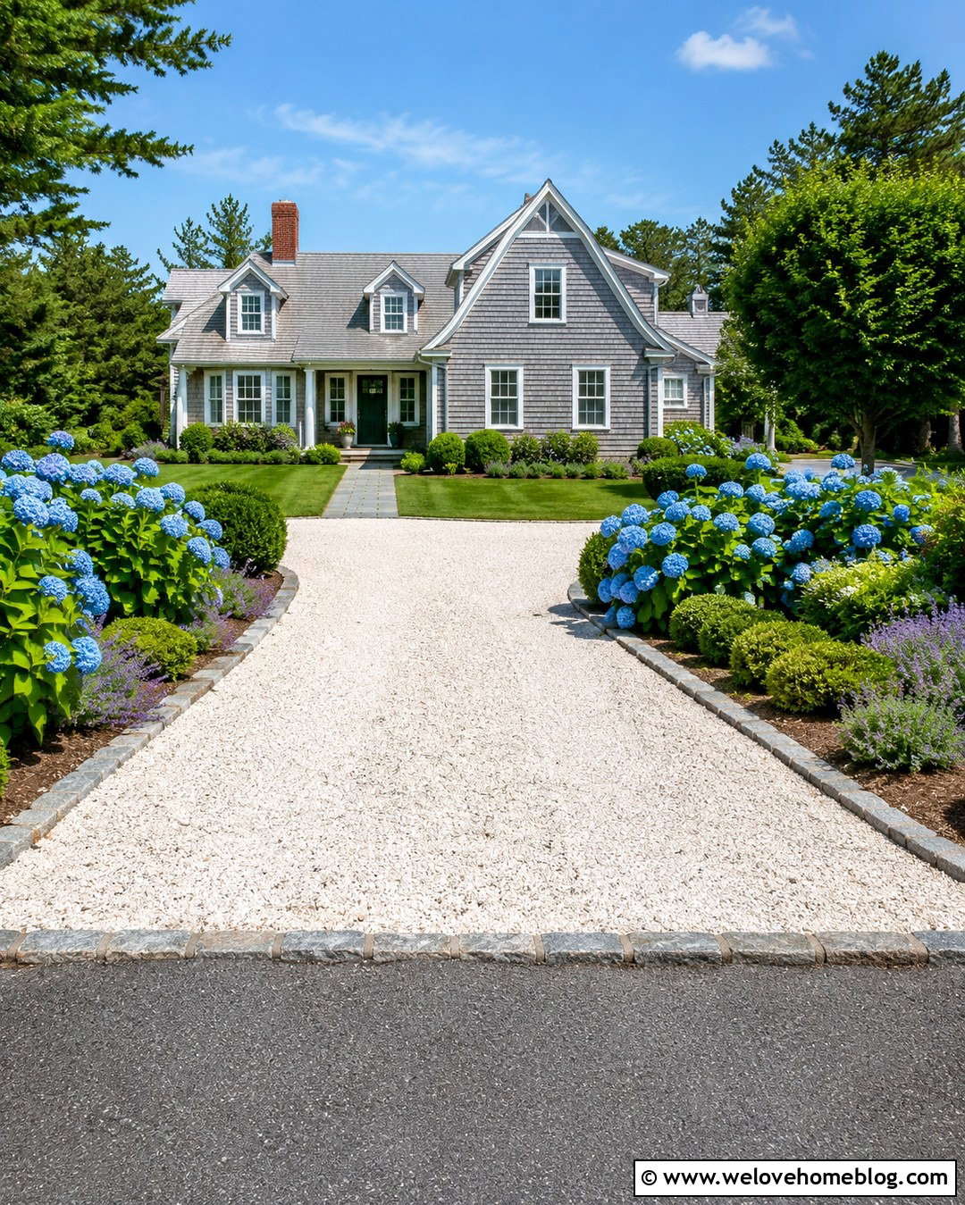 Cape Cod Seashell Driveway With Hydrangeas - 20 Seashell Driveway Ideas