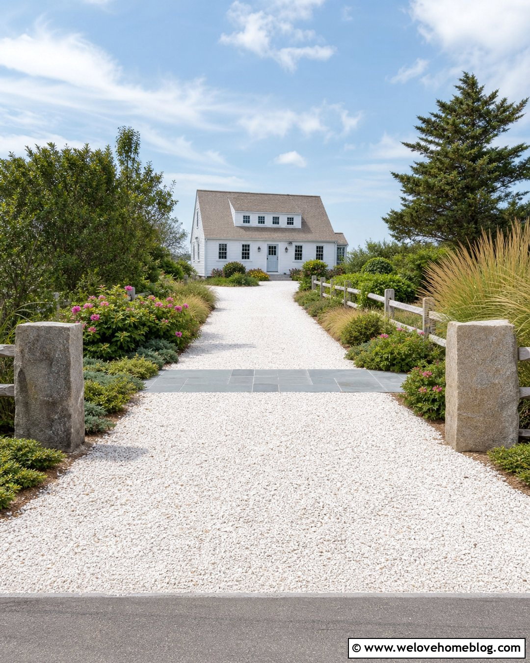 Cape Cod Seashell Driveway With Split Rail Fencing - 20 Cape Cod Driveway Ideas