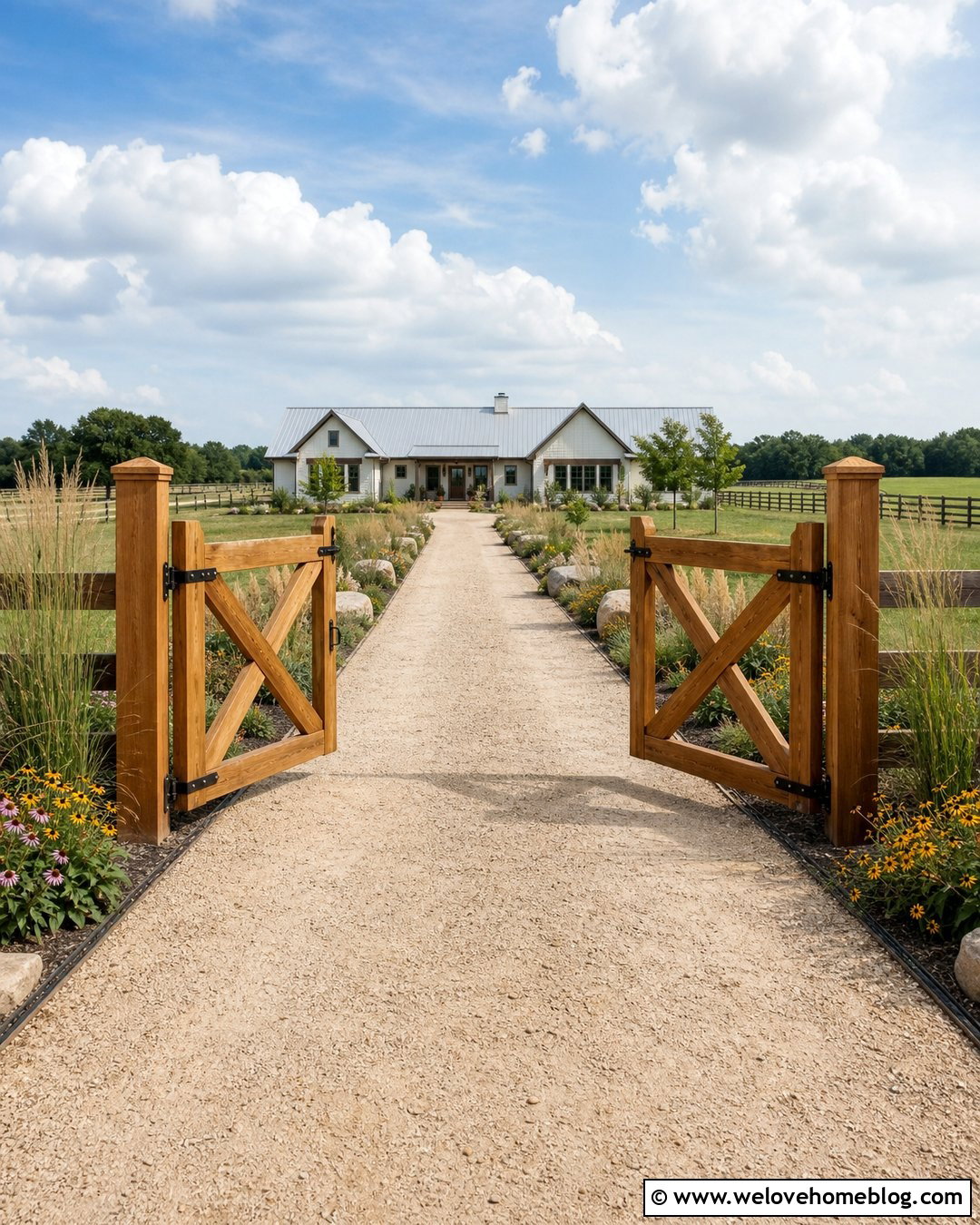 Cedar Crossbuck Gate With Crushed Limestone Driveway - 20 Country Gates Driveway Ideas