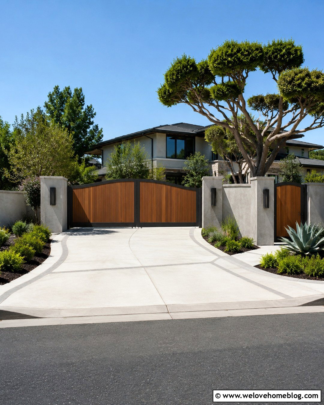 Cedar Curved Driveway Gate With Stone Pillars - 20 Curved Driveway Gate Style Ideas