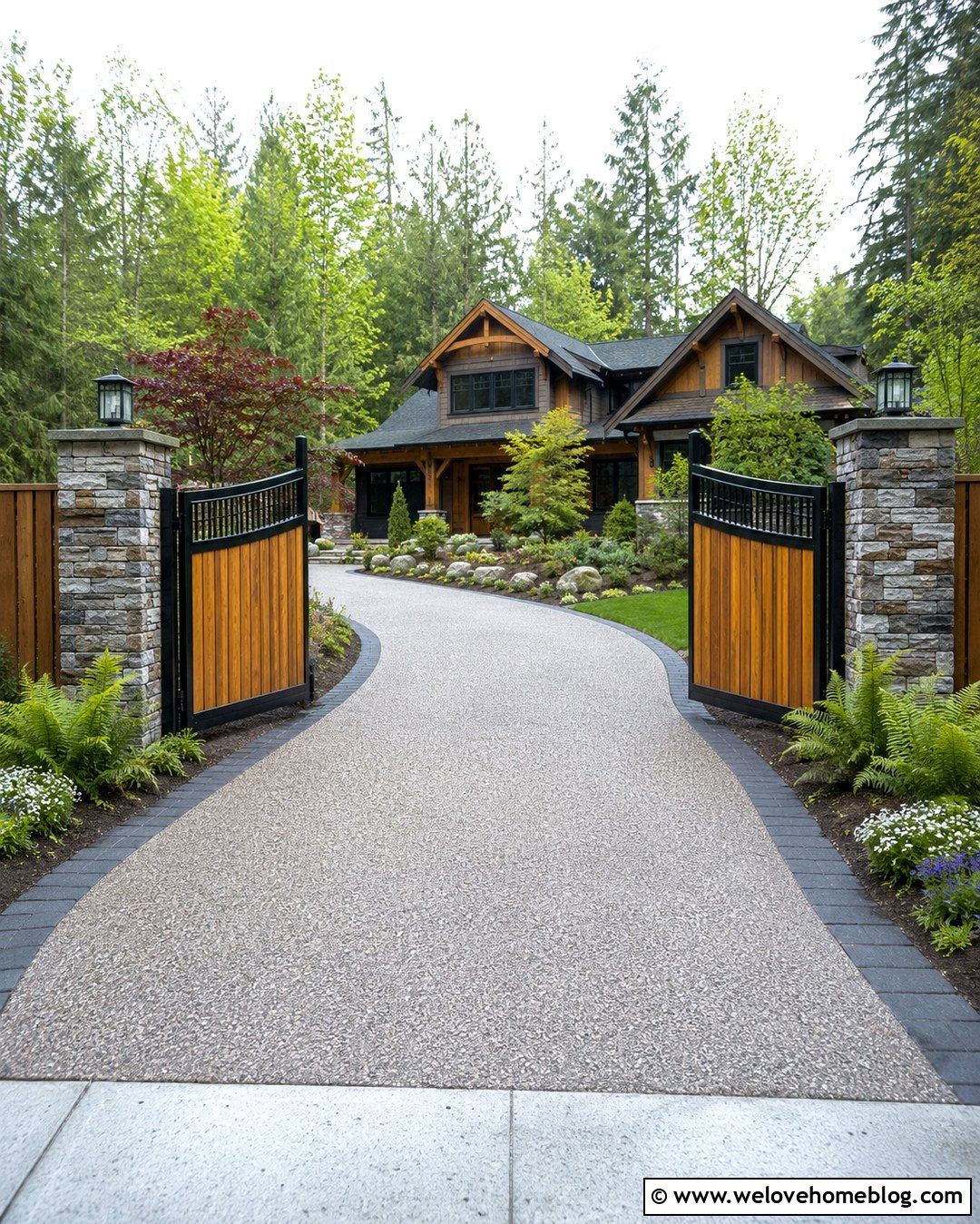 Cedar Double Driveway Gates With Stone Columns - 20 Double Driveway Gates Ideas