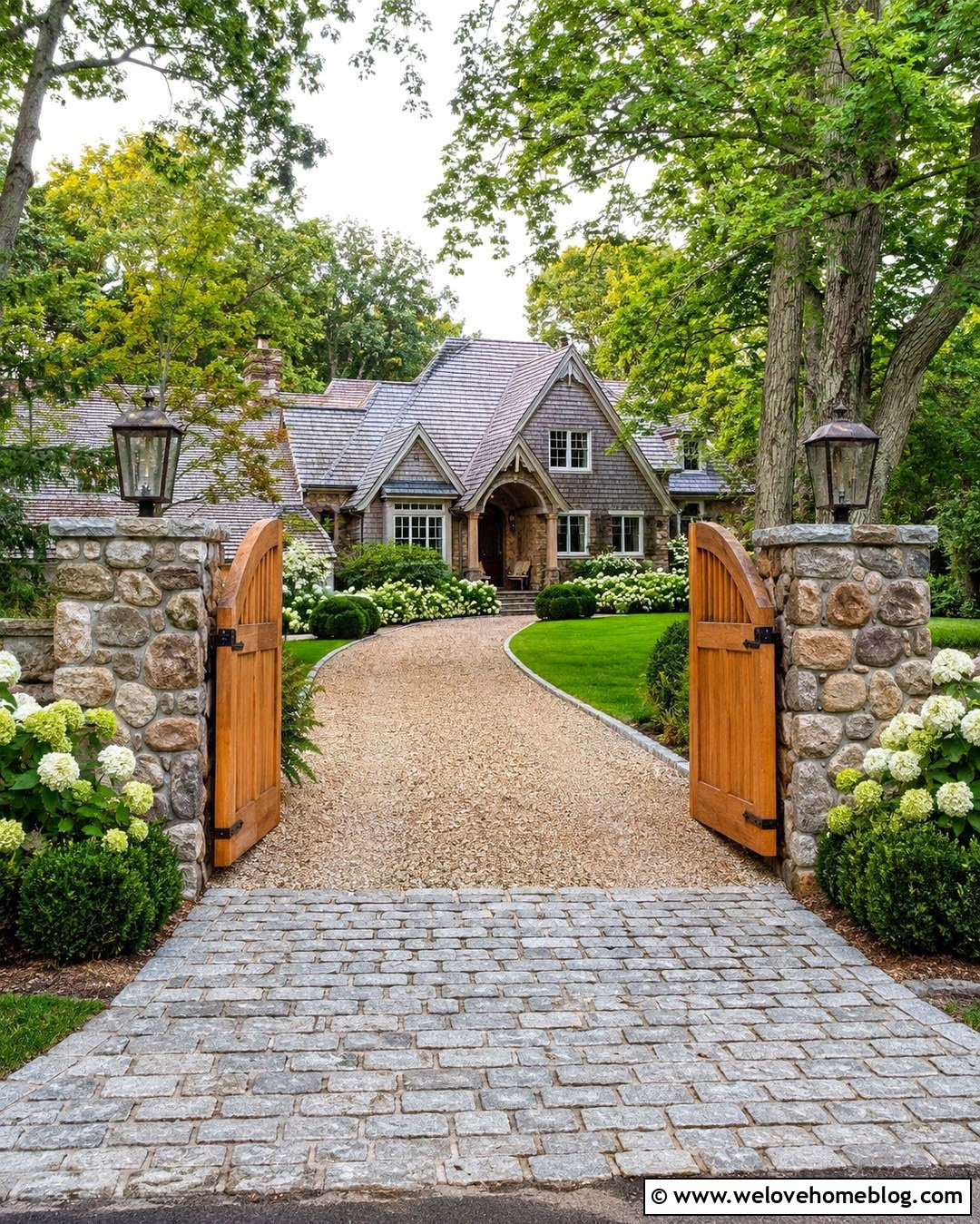 Cedar Double Swing Gate With Stone Pillars - 20 Wooden Entrance Gates Driveway Ideas