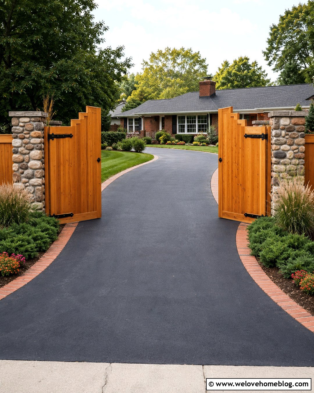 Cedar Double Wooden Driveway Gates With Asphalt - 20 Double Wooden Gates Driveways Ideas