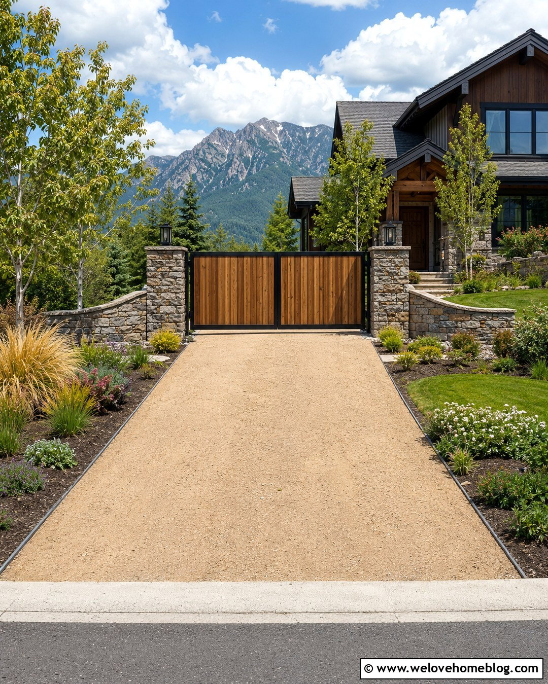 Cedar Driveway Gate With Stone Pillars - 20 Cedar Driveway Gate Ideas
