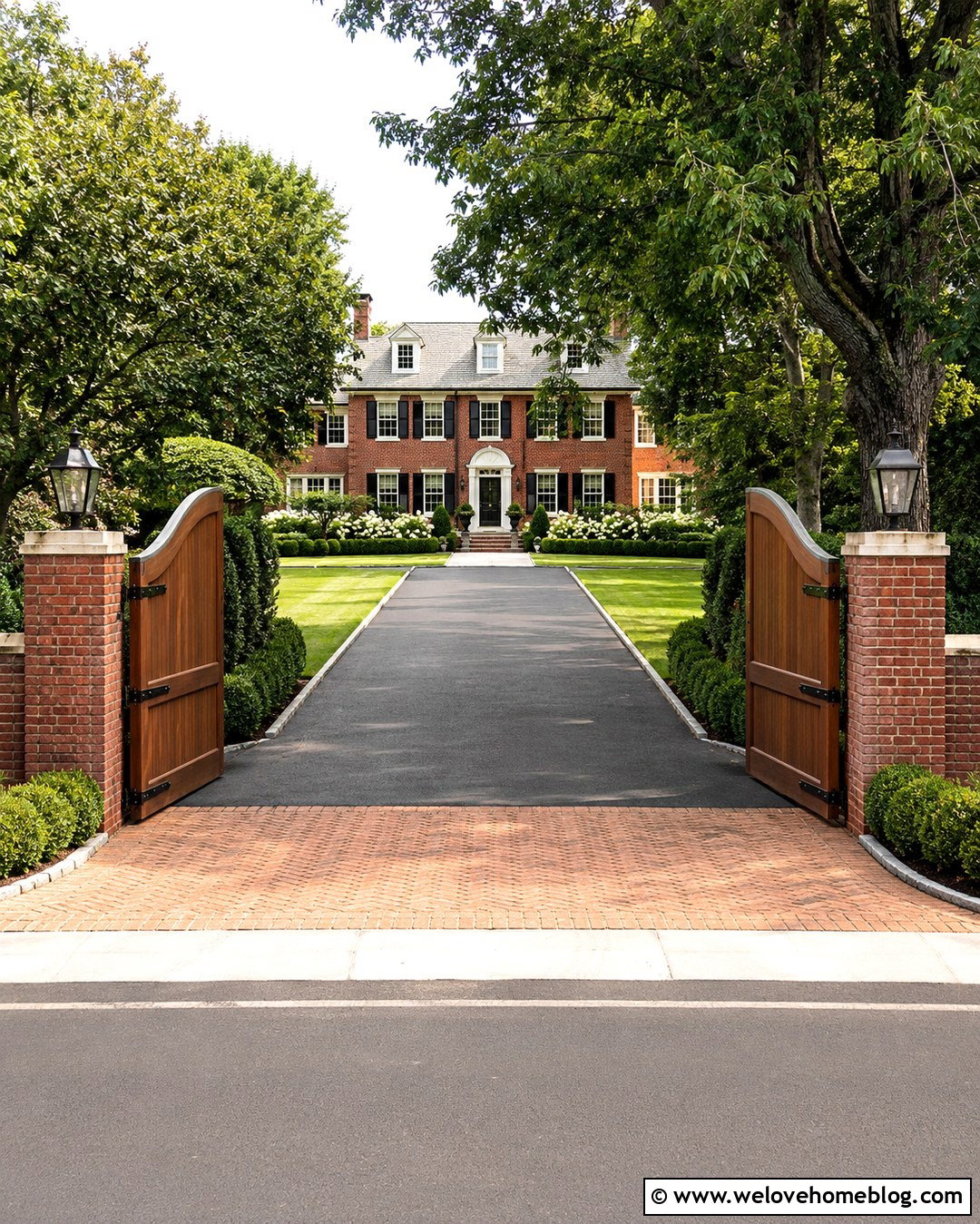Cedar Gated Driveway Entrance With Brick Pillars - 20 Private Gated Driveway Entrance Ideas