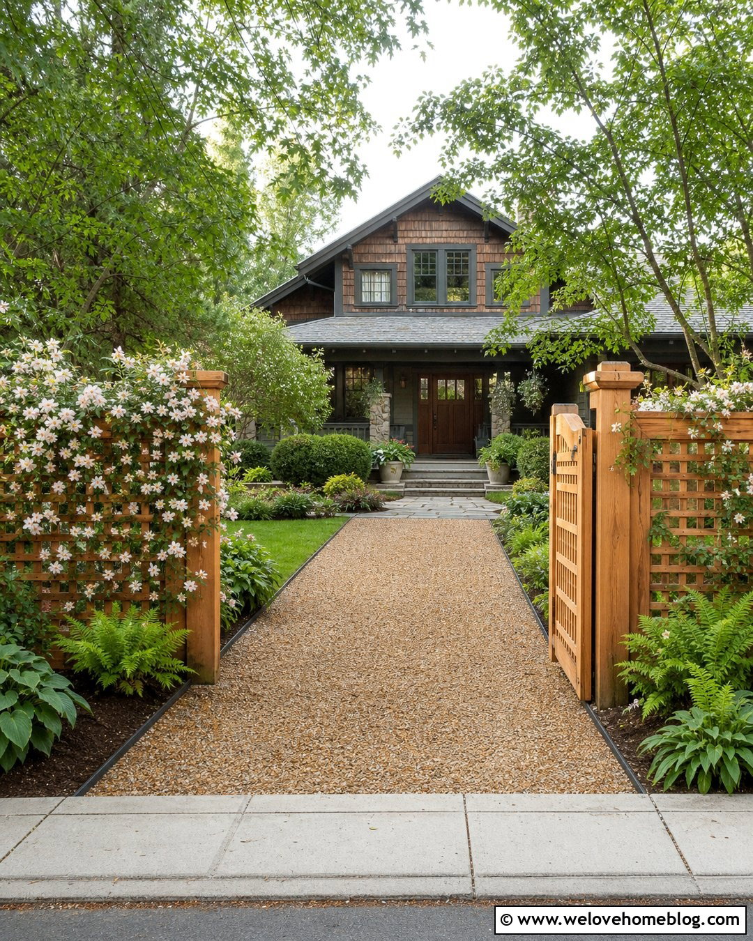 Cedar Lattice Fence Pea Gravel Driveway Entrance - 20 Driveway Entrance Fence Ideas