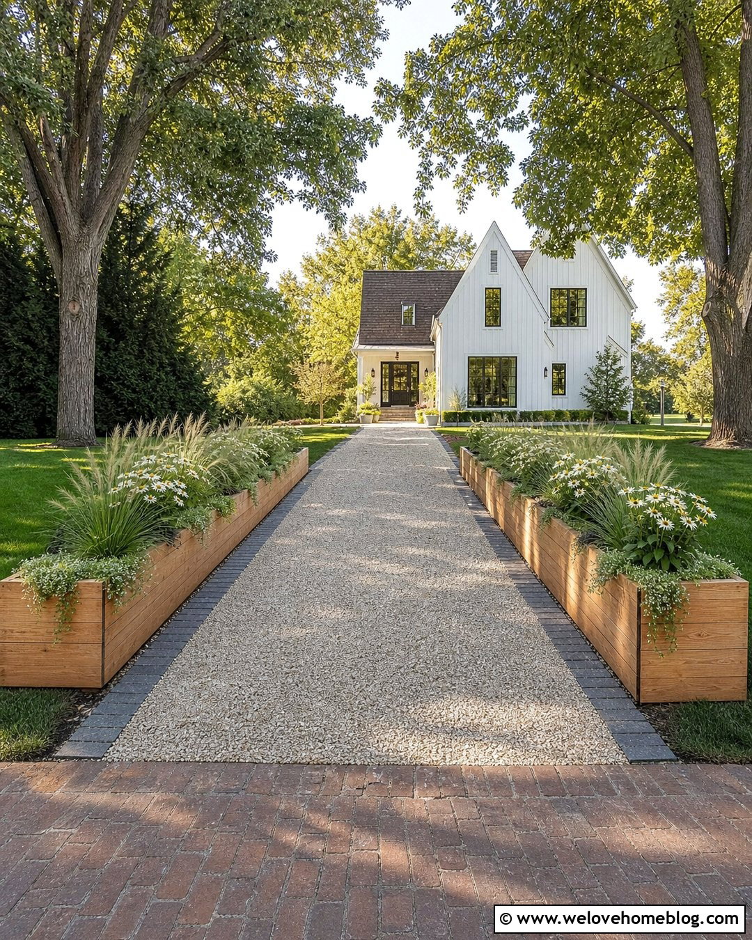 Cedar Planter Boxes Along A Gravel Driveway - 20 Driveway Planter Box Ideas