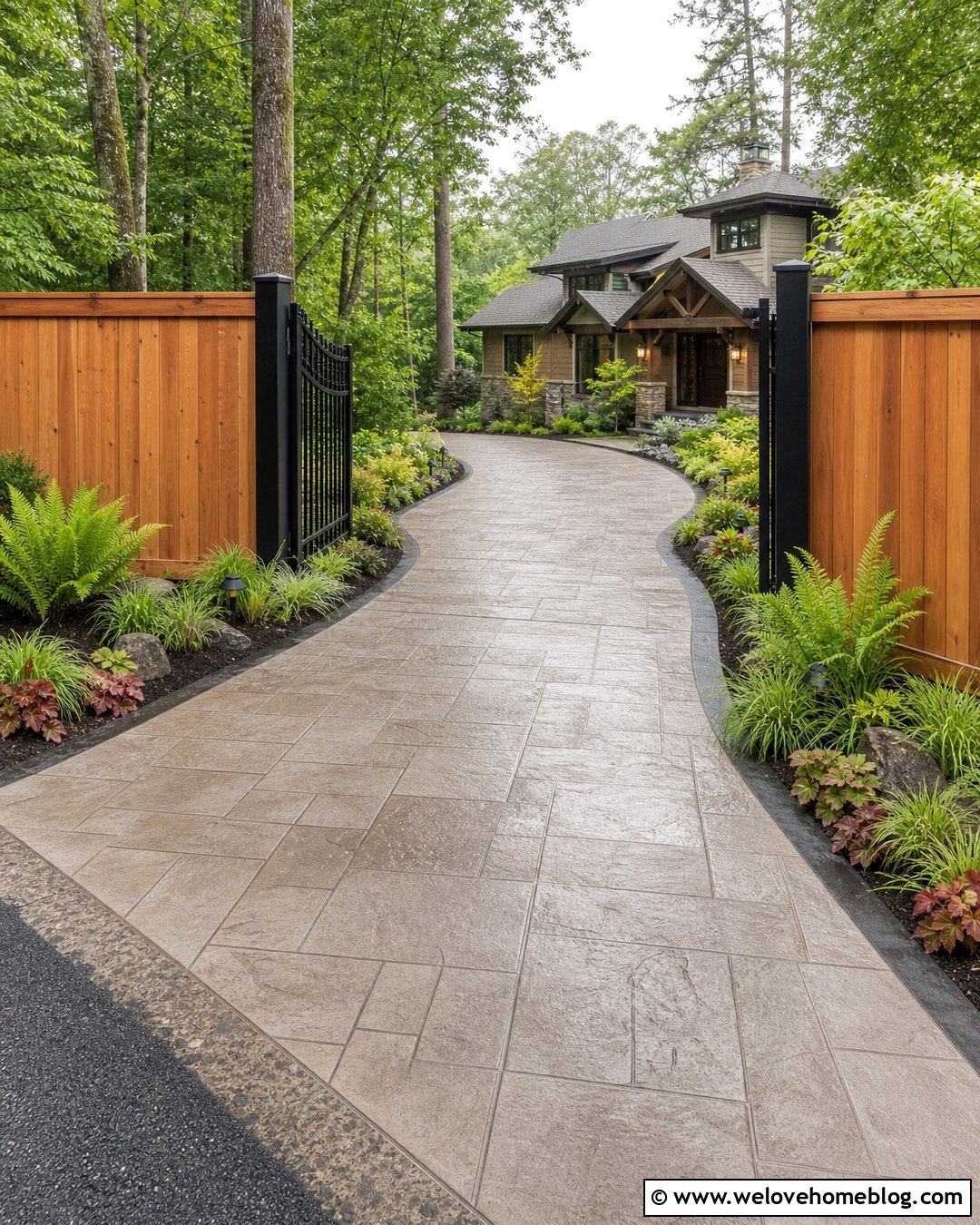 Cedar Privacy Fence With Stamped Concrete Driveway - 20 Fence On Concrete Driveway Ideas