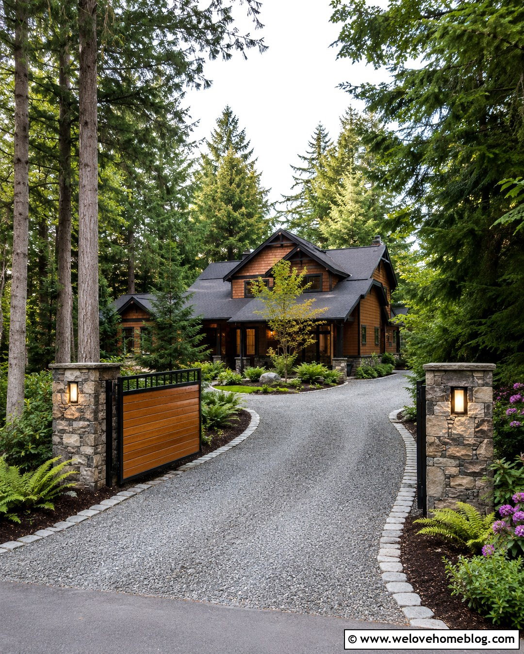 Cedar Single Driveway Gate With Stone Pillars - 20 Single Driveway Gate Ideas