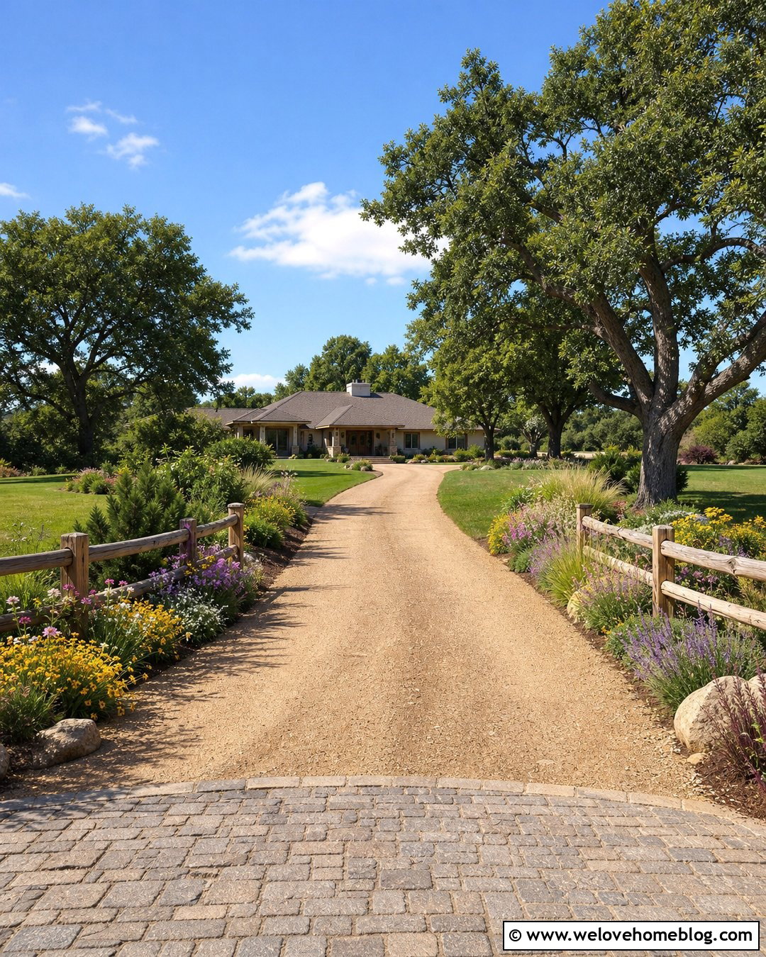 Cedar Split Rail Driveway Entrance With Wildflowers - 20 Split Rail Driveway Entrance Ideas