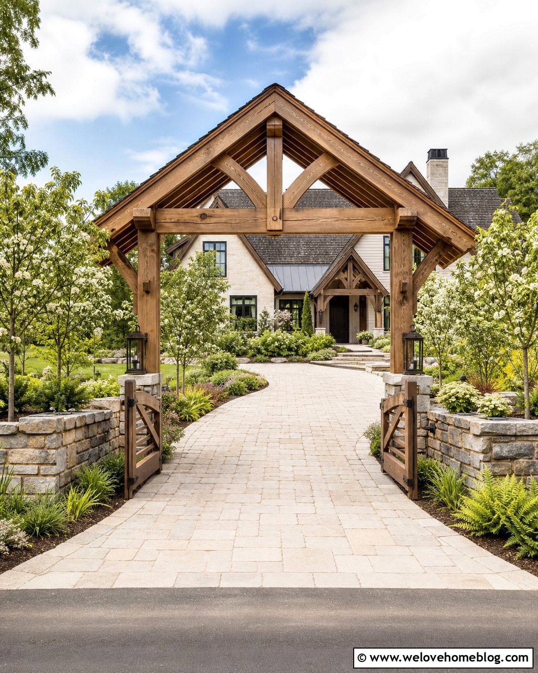 Cedar Truss Driveway Entrance With Stone Bases - 20 Timber Frame Driveway Entrance Ideas