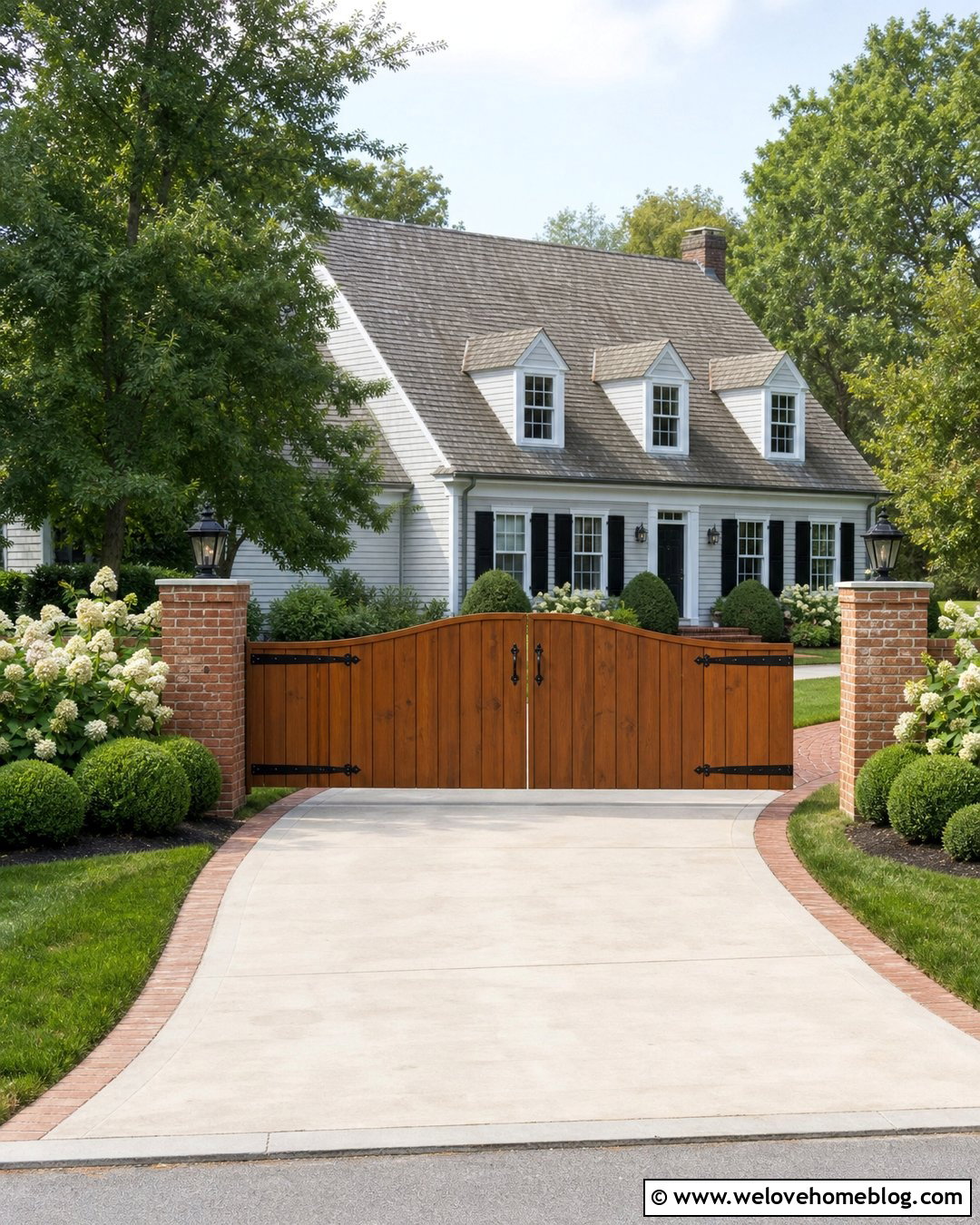 Cedar Wooden Driveway Gate With Brick Columns - 20 Wooden Driveway Gate Ideas