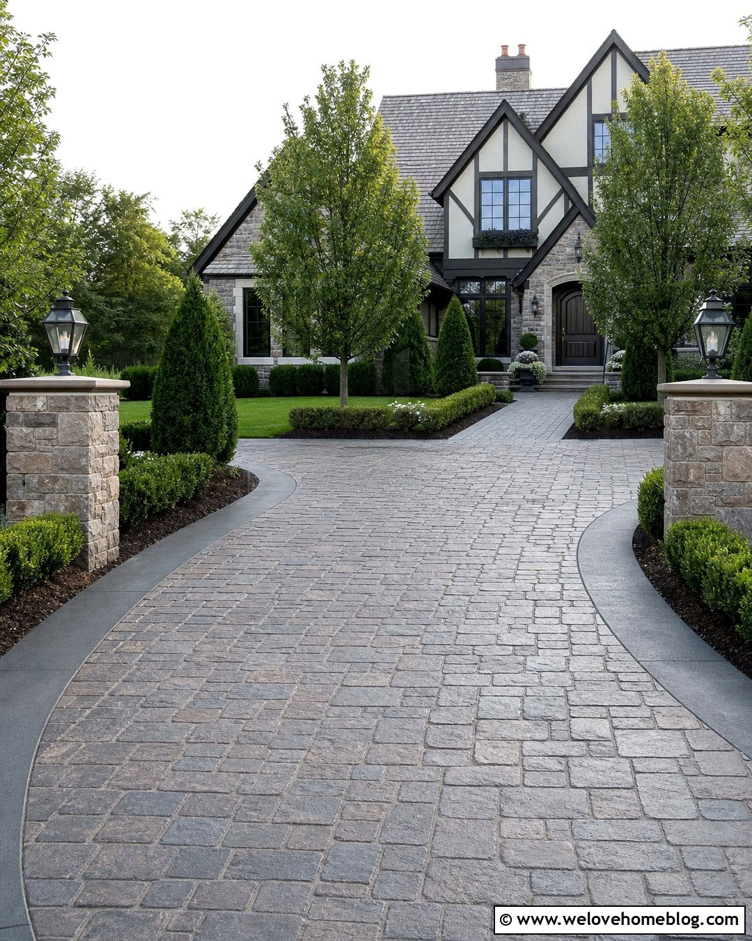 Cement Driveway With Cobblestone Stamped Finish - 35 Cement Driveway Ideas