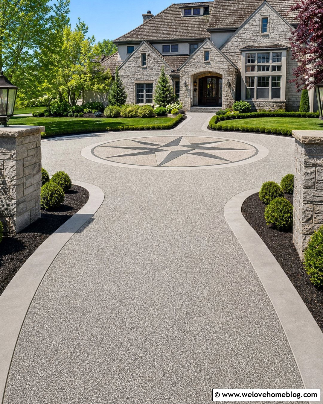 Cement Driveway With Decorative Compass Inlay - 35 Cement Driveway Ideas