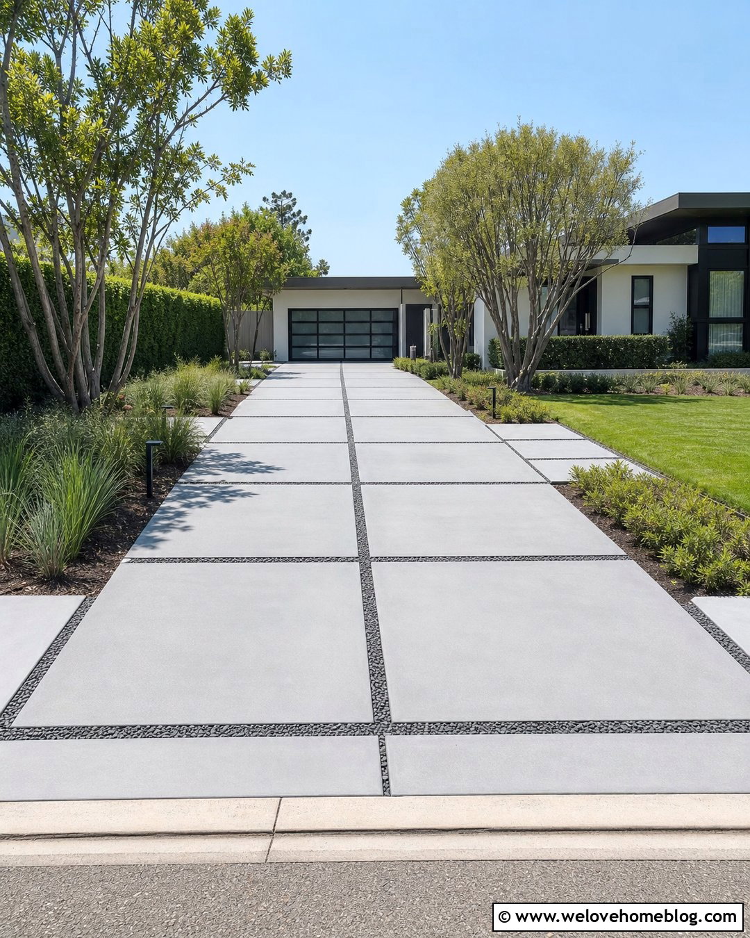 Cement Driveway With Large Square Panels - 35 Cement Driveway Ideas