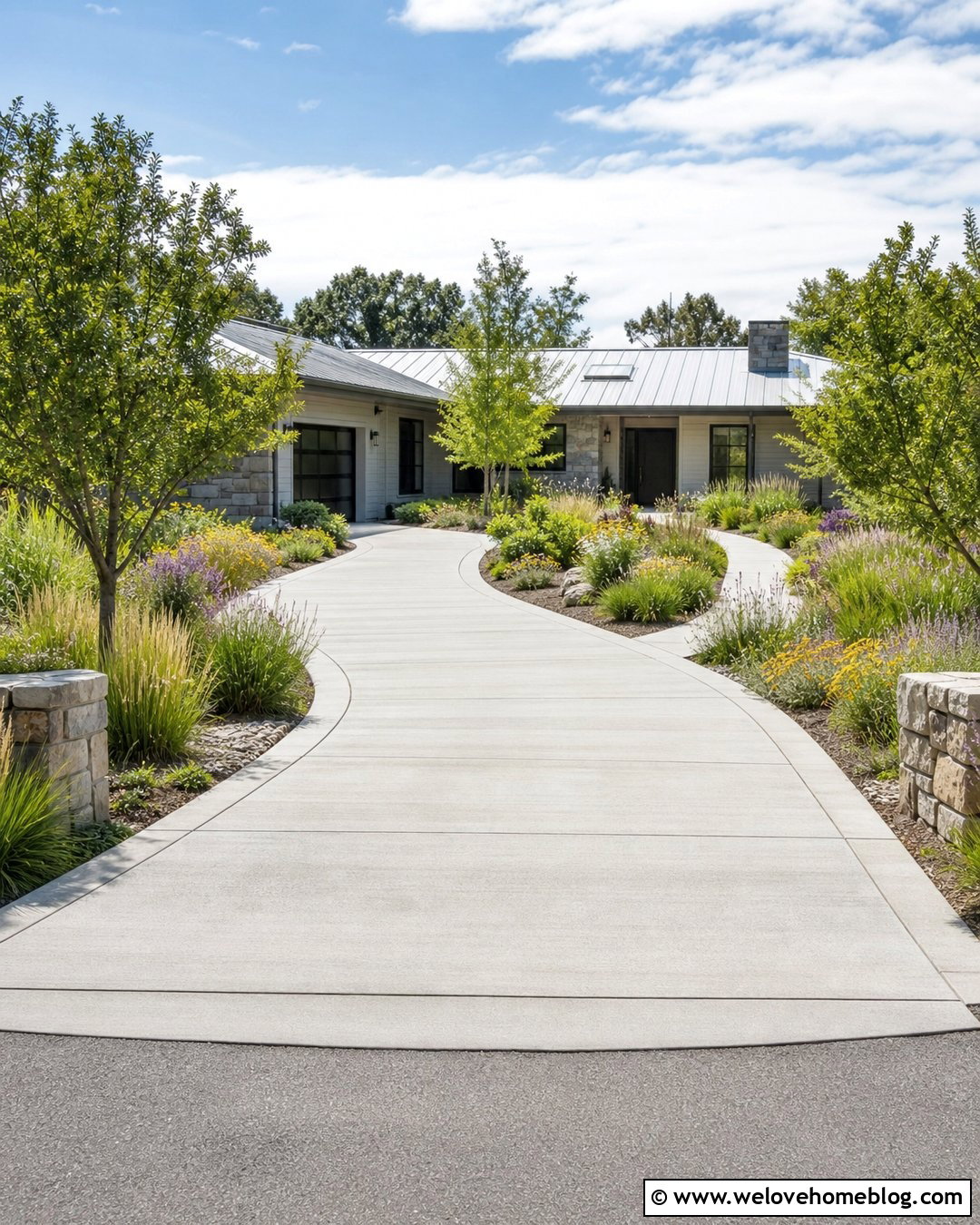 Cement Driveway With Native Plant Borders - 35 Cement Driveway Ideas