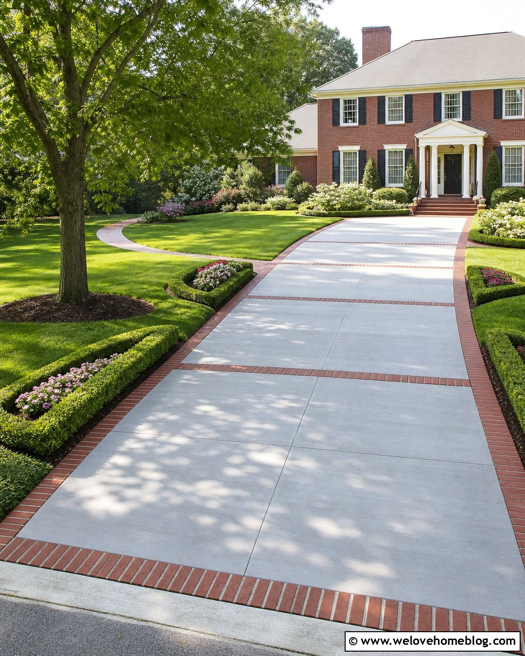 Cement Driveway With Red Brick Ribbons - 35 Cement Driveway Ideas