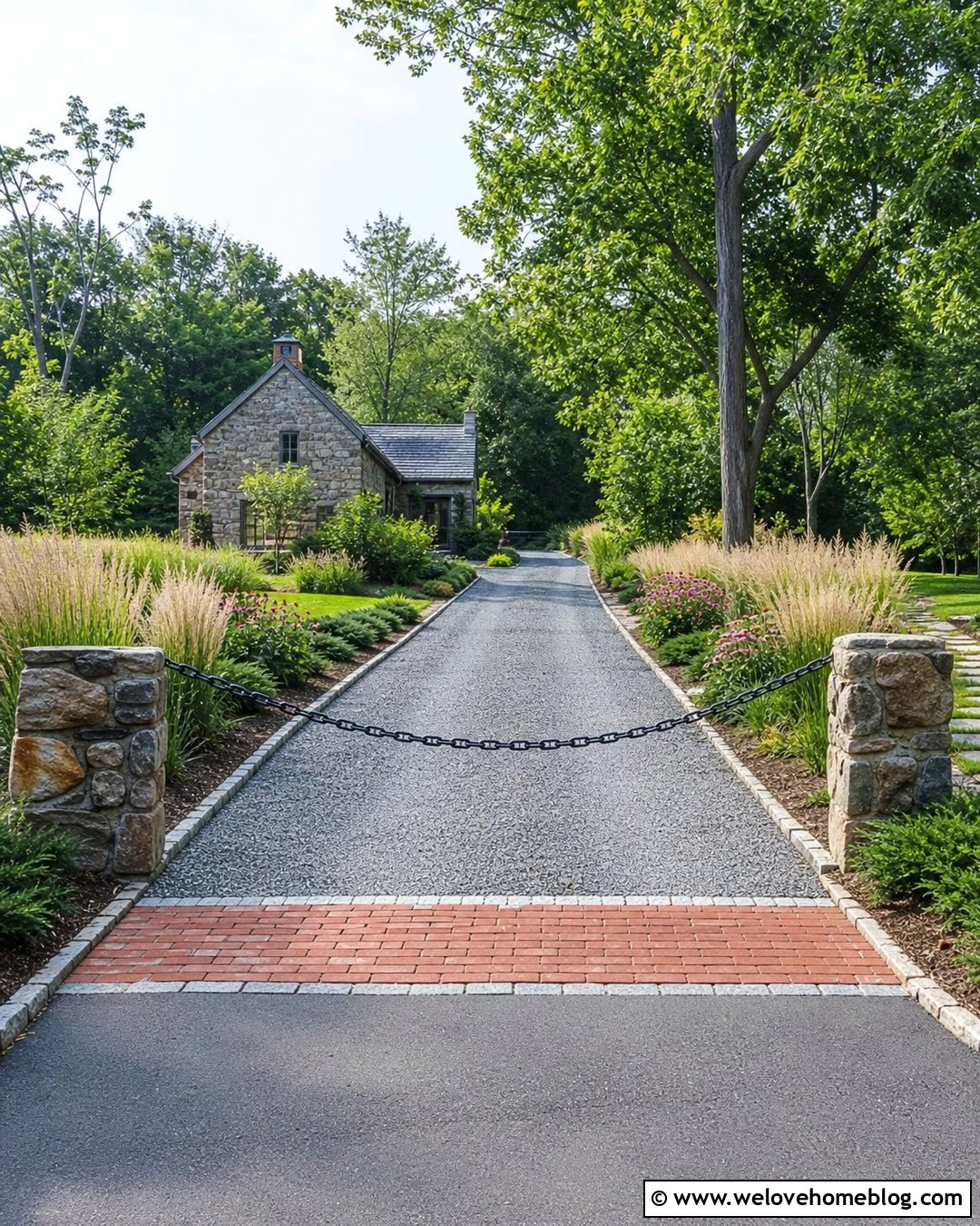 Chain Driveway Barrier With Stone Posts - 25 Driveway Barrier Ideas