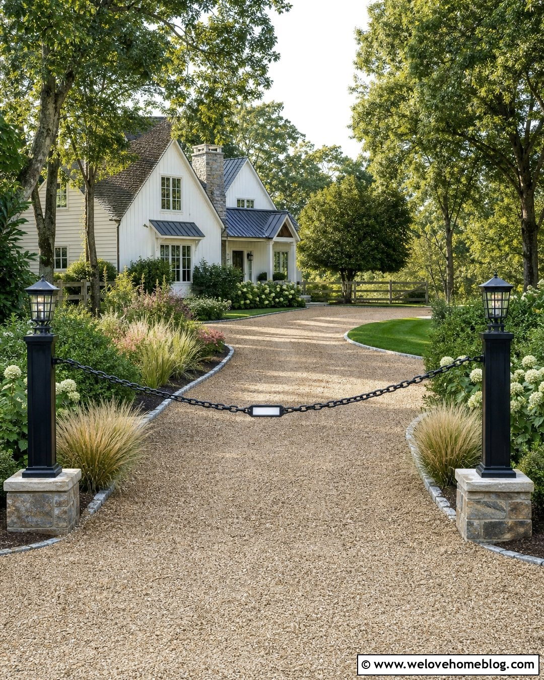 Chain Driveway Stopper Between Decorative Posts