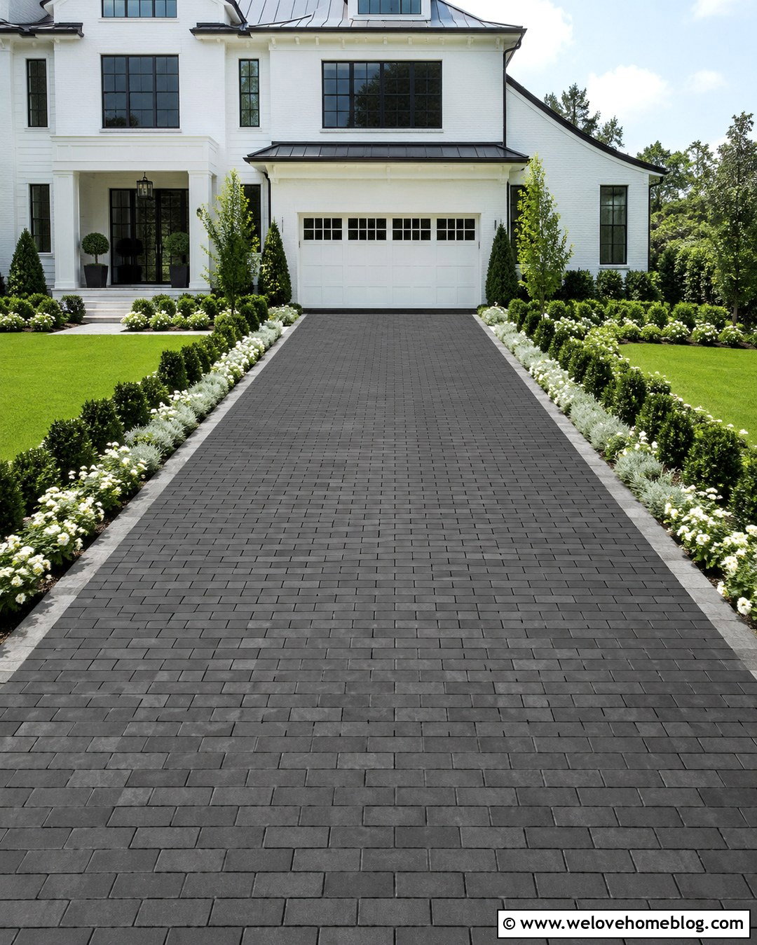 Charcoal Brick Driveway With White Flower Beds - 20 Modern Brick Driveway With Landscaping Ideas