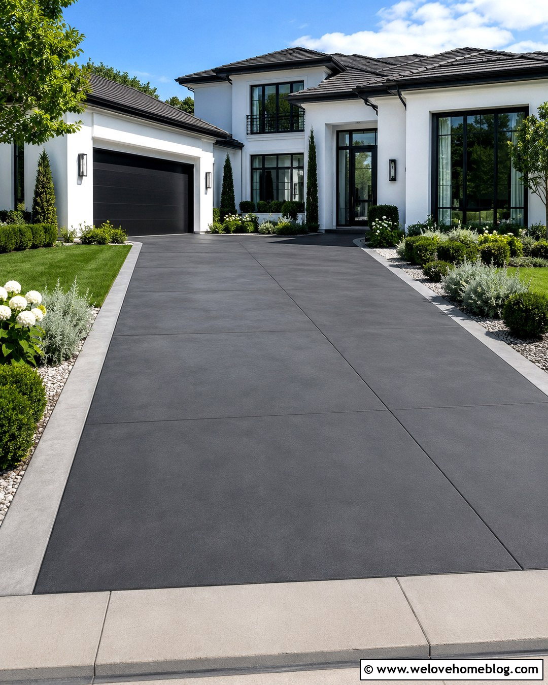 Charcoal Cement Driveway With Light Edging - 20 Cement Driveway Curb Appeal Ideas