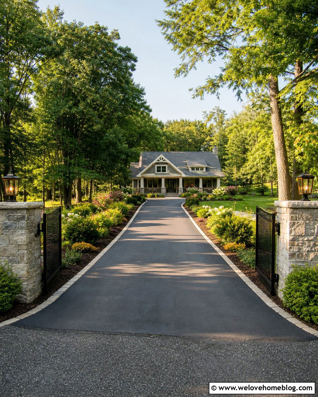 Charcoal Concrete Driveway With A Stone Gate Entrance - 20 Charcoal Concrete Driveway Ideas