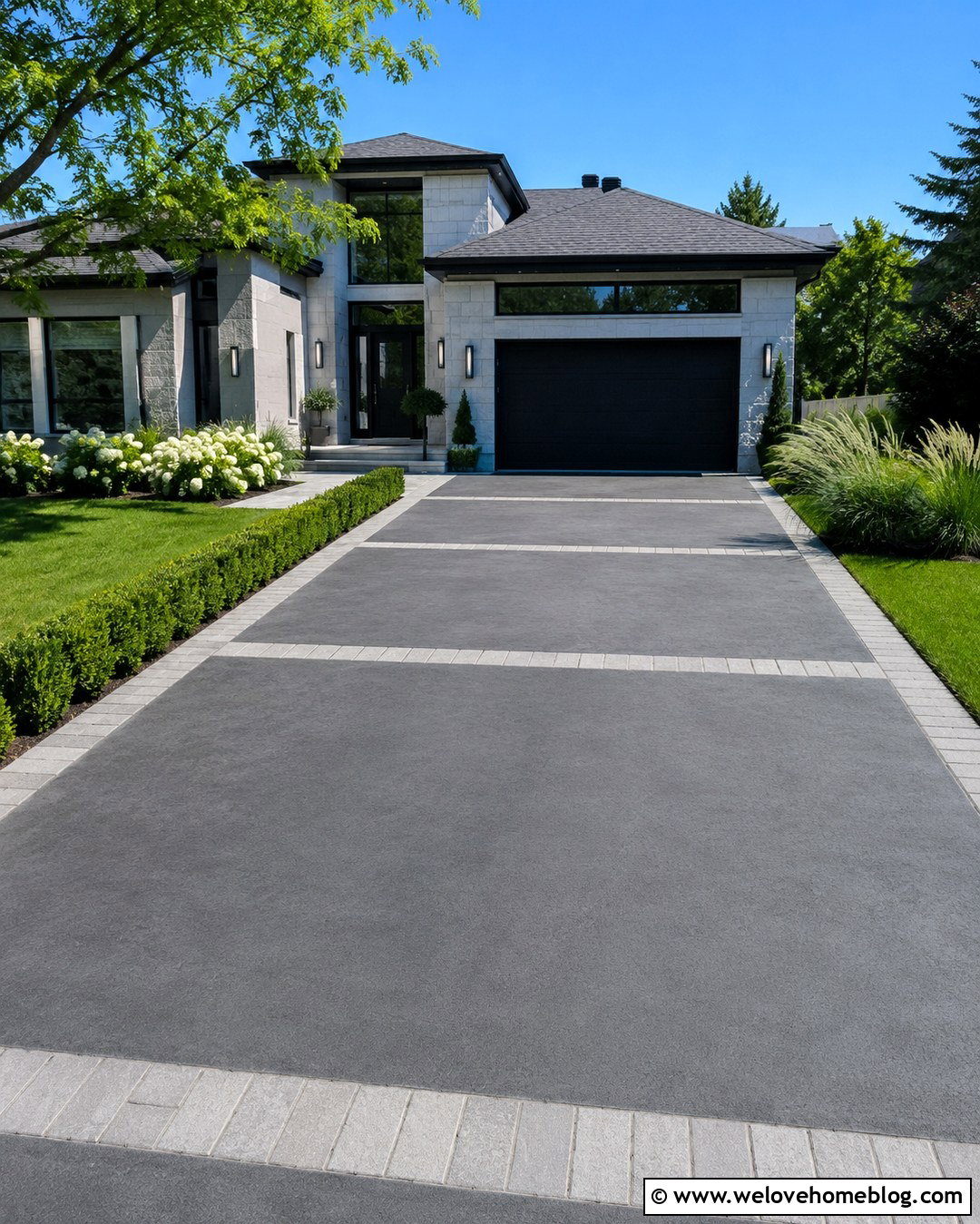 Charcoal Concrete Driveway With Paver Ribbons - 20 dark driveway ideas
