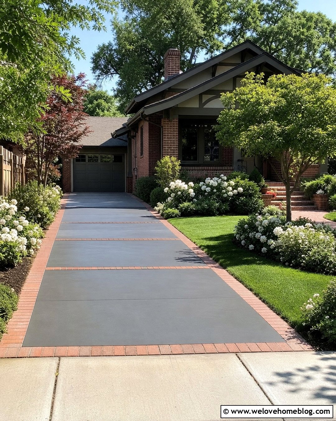 Charcoal Concrete Driveway With Red Brick Ribbons - 20 Charcoal Concrete Driveway Ideas