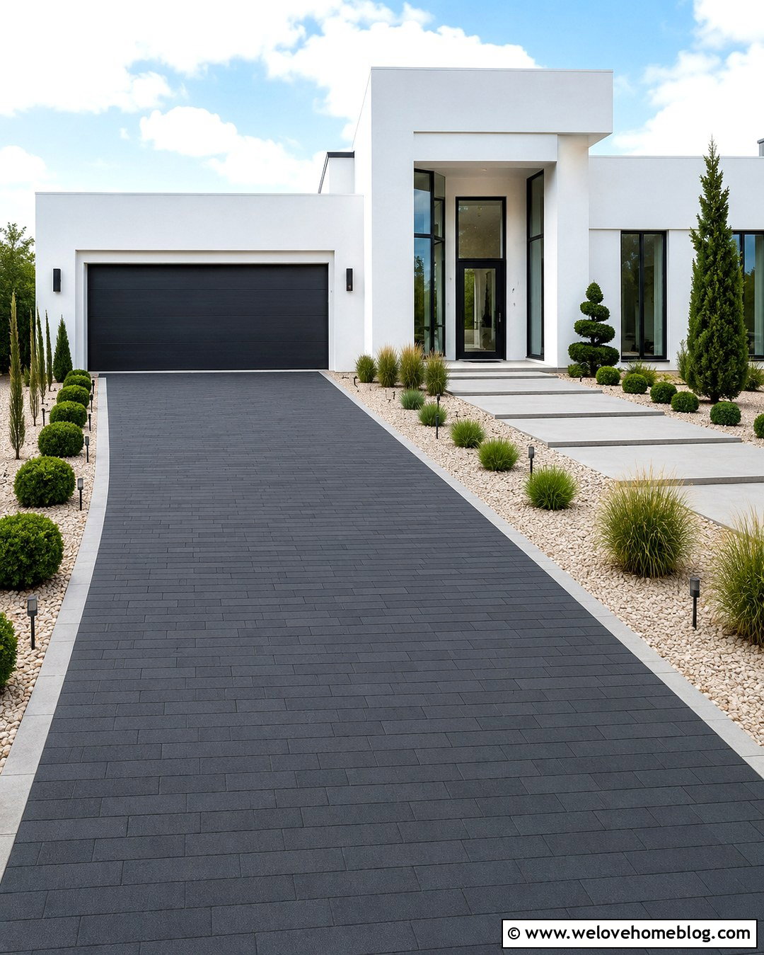 Charcoal Concrete Paver Driveway With Linear Pattern - 20 Concrete Paver Driveway Ideas