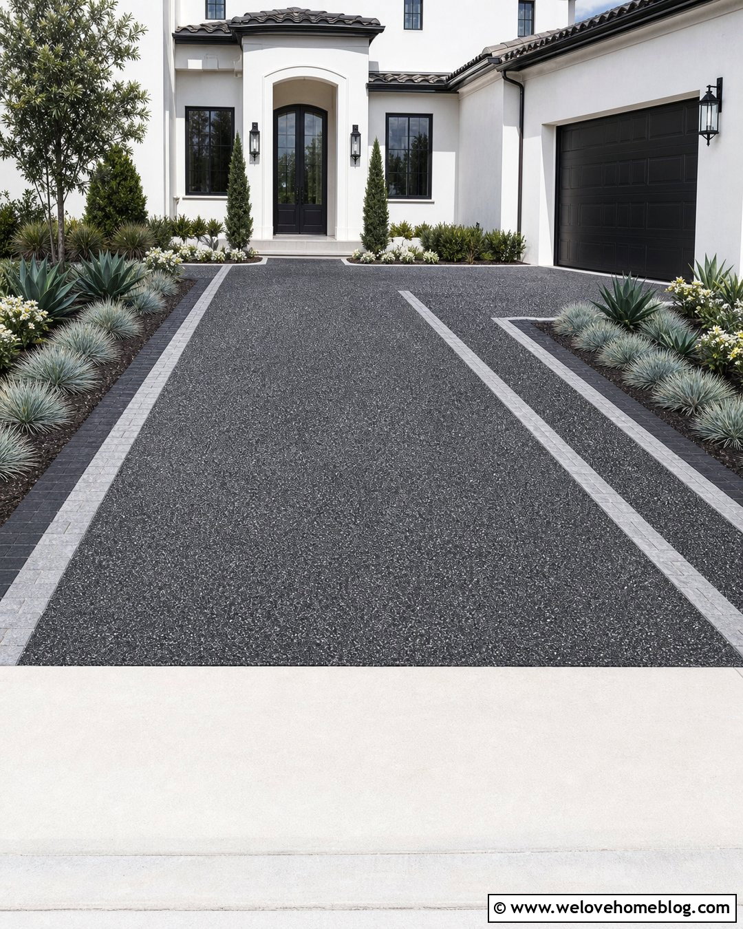Charcoal Epoxy Stone Driveway With Light Paver Strips - 20 Epoxy Stone Driveway Ideas