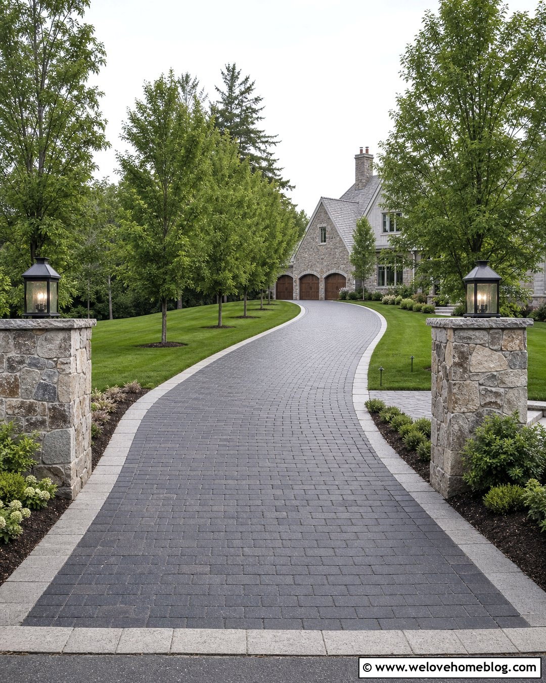 Charcoal Grey Driveway With Stone Pillars - 20 Charcoal Grey Driveway Ideas
