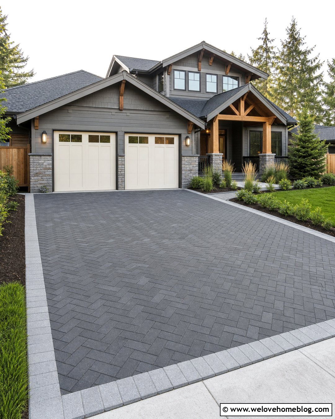 Charcoal Grey Paver Driveway In Herringbone - 25 Grey Driveway Ideas