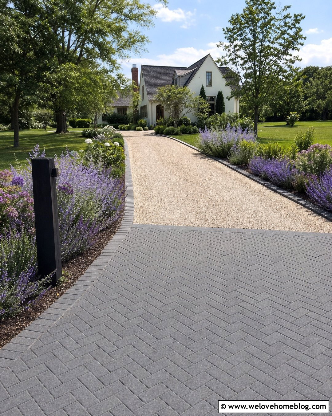 Charcoal Paver Apron With Light Gravel Driveway - 20 Paver Apron Driveway Ideas
