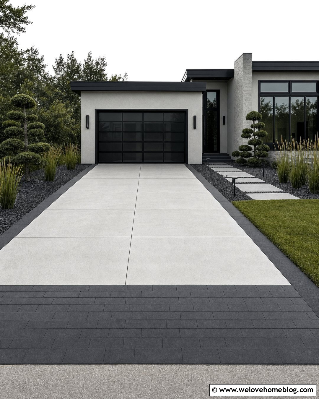Charcoal Paver Driveway Apron With Modern Concrete - 35 Driveway Apron Ideas