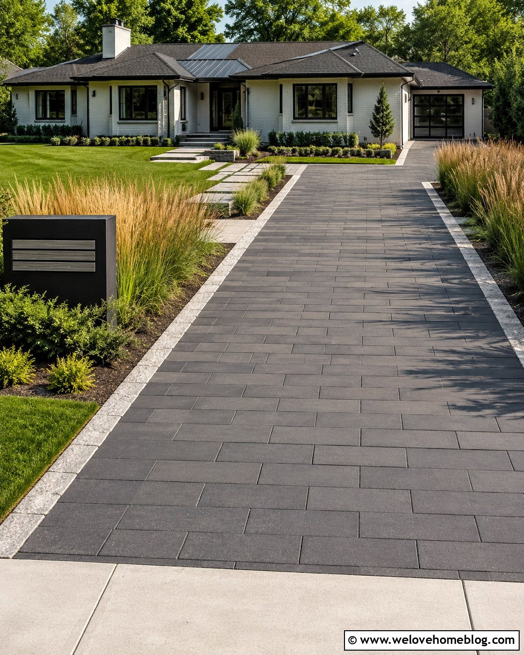 Charcoal Paver Driveway Entrance With Ornamental Grasses - 20 Paved Driveway Entrance Ideas
