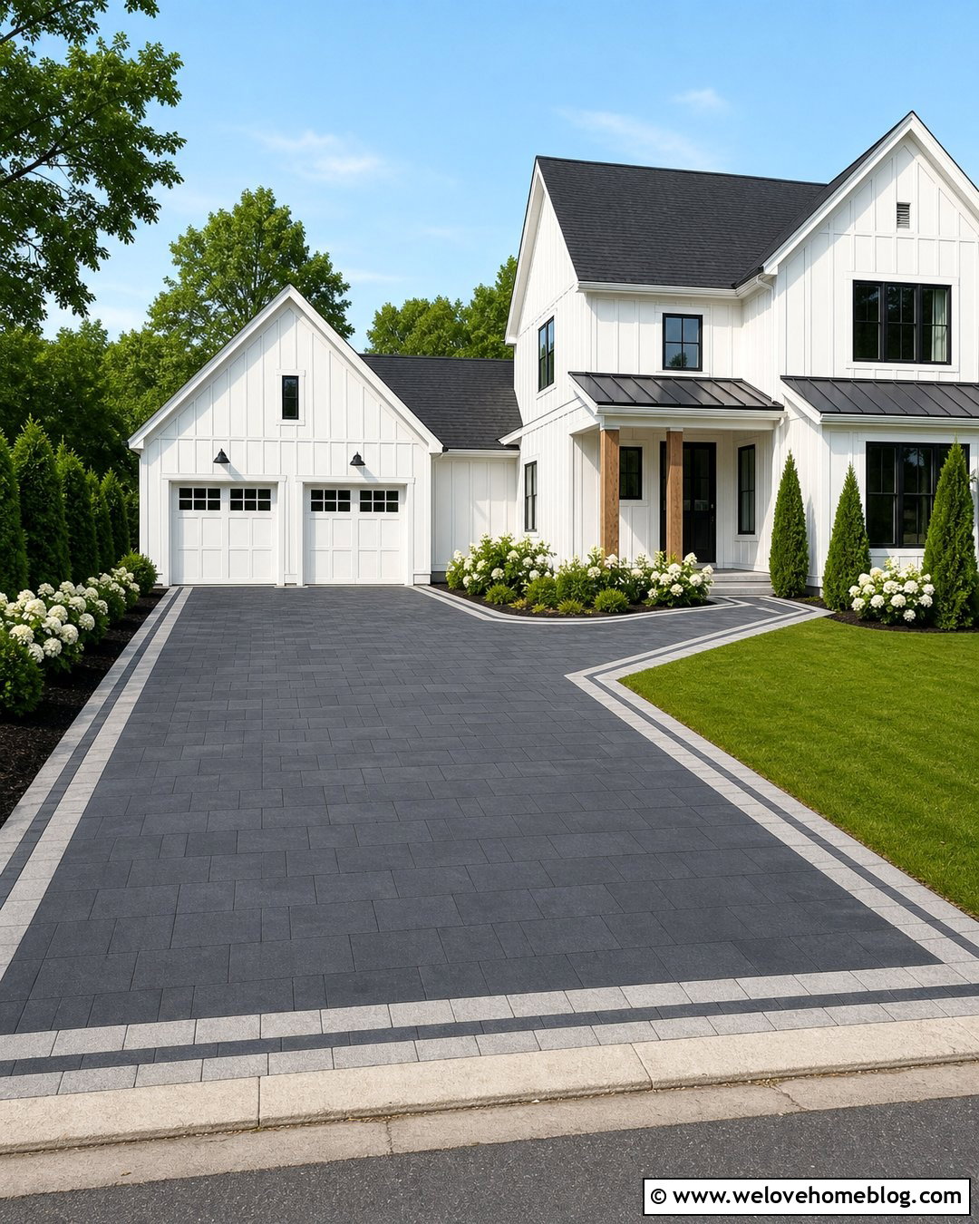 Charcoal Paver Driveway With Light Border - 20 Driveway Paving Ideas