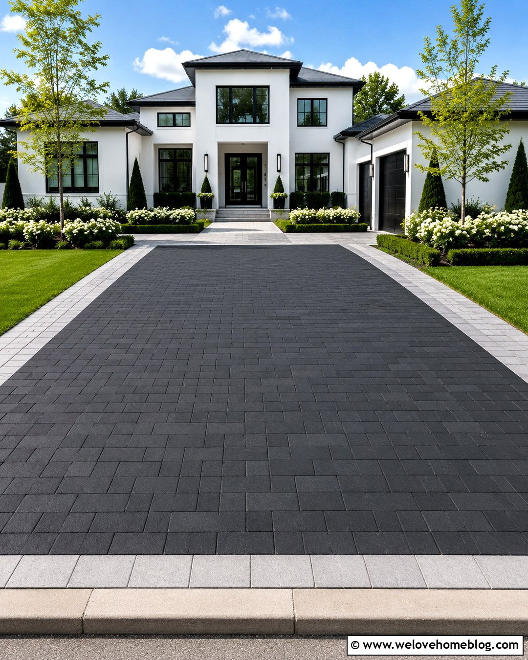 Charcoal Paver Driveway With Light Border - 20 Pave Driveway Ideas