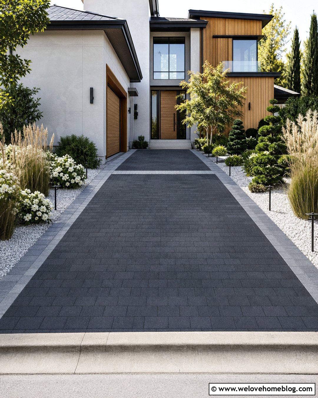 Charcoal Paver Driveway With Light Border - 35 Modern Driveway Design Ideas