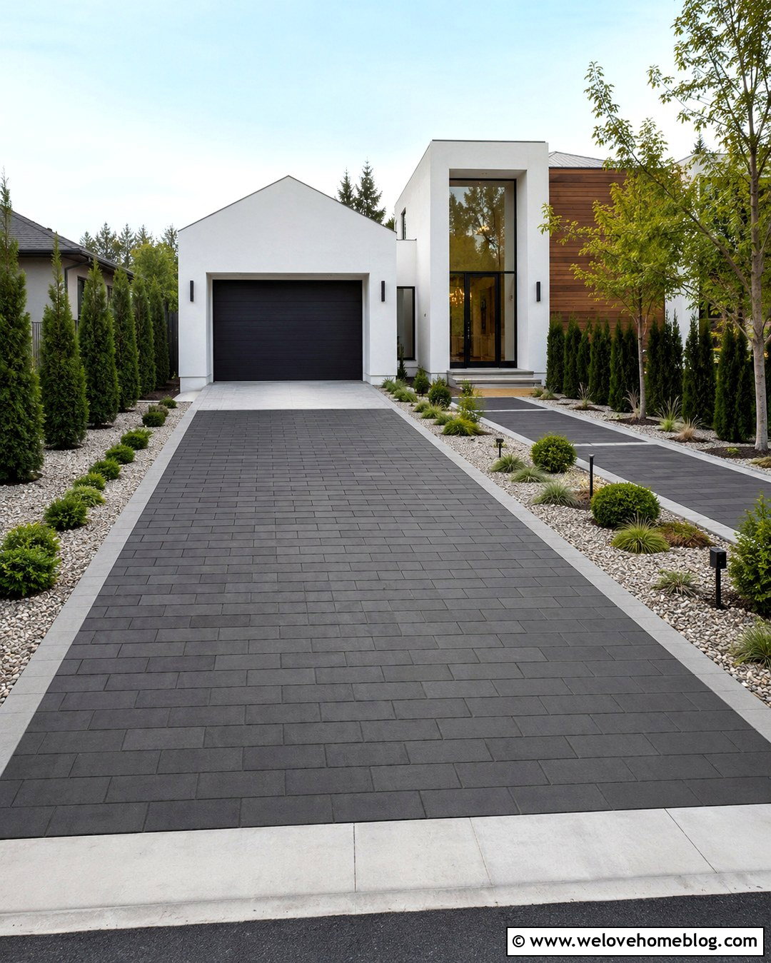 Charcoal Paver Driveway With Light Gray Border - 20 Neutral Color Driveway Design Ideas