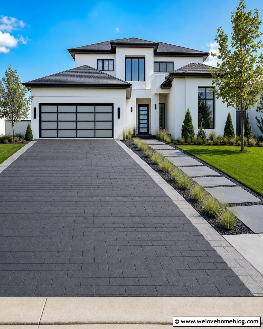 Charcoal Paver Driveway With Modern Landscaping - 35 home driveway ideas