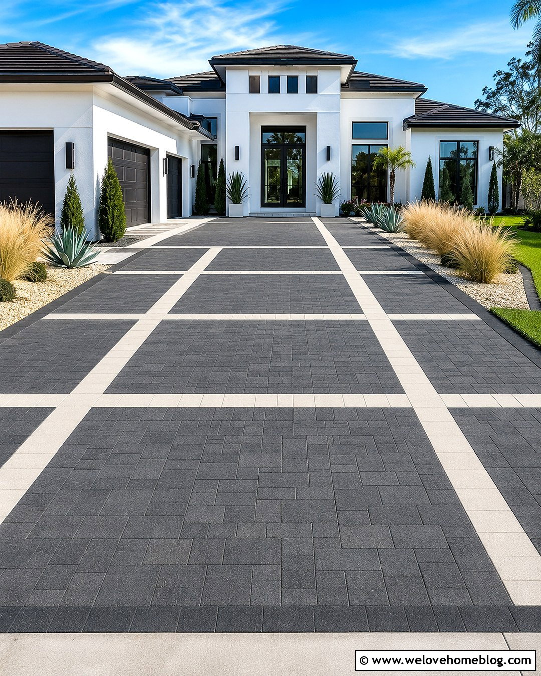 Charcoal Paver Driveway With White Geometric Lines - 20 colorful paver driveway ideas