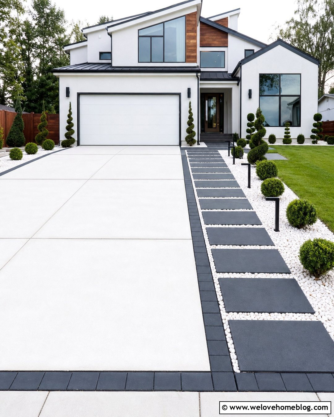 Charcoal Pavers Beside A White Concrete Driveway - 20 Adding Pavers To Side Of Driveway Ideas