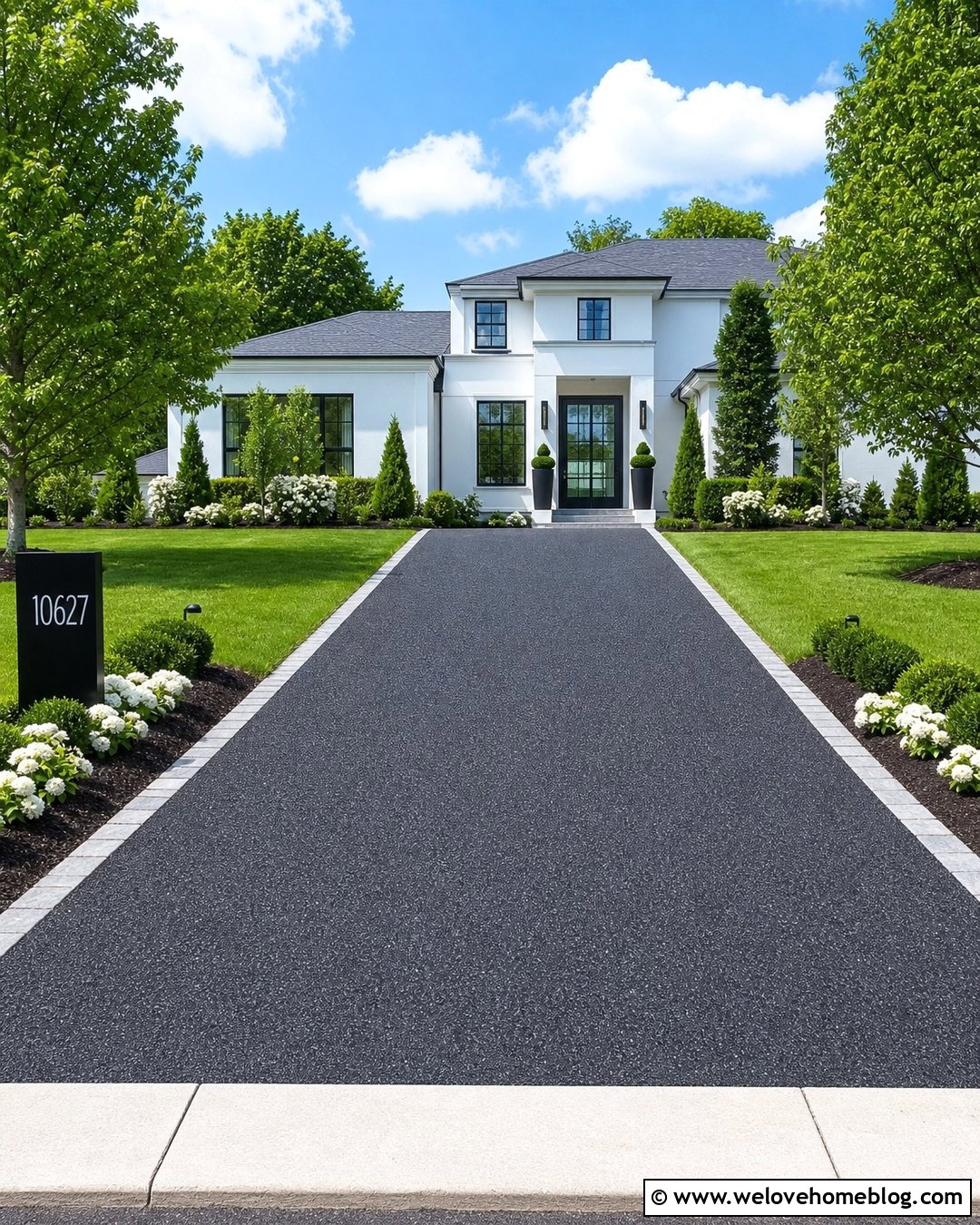 Charcoal Resin Driveway With White House - 20 Resin Driveway Inspiration Ideas